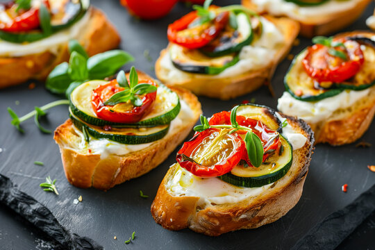 Bruschetta, bread toast, canape with cream cheese, zucchini and dried tomato with herbs