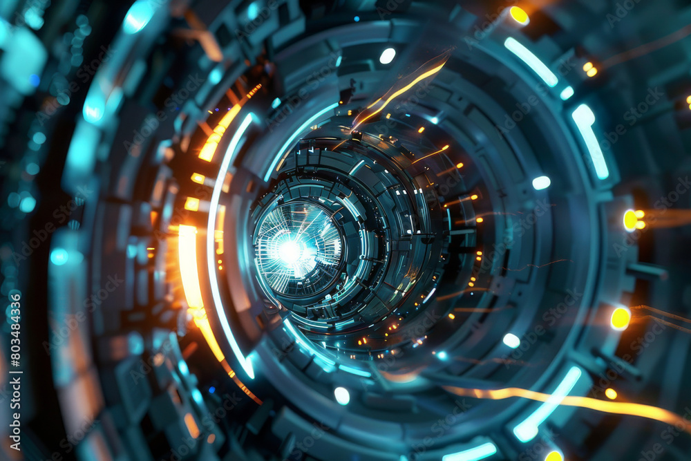 Poster capture the sleek, high-tech design of a futuristic time portal, featuring a circular frame equipped