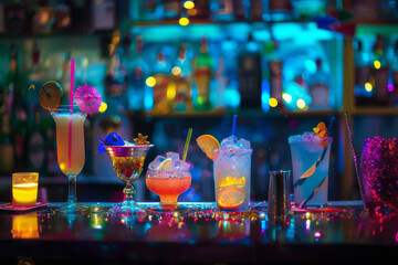 An image depicting the art of cocktail making in a night club bar area, with a focus on the bartender's skill and creativity - Generative AI