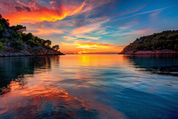 A breathtaking sunset at Cala Salada, focusing on the vibrant colors in the sky and their reflection on the water's surface - Generative AI