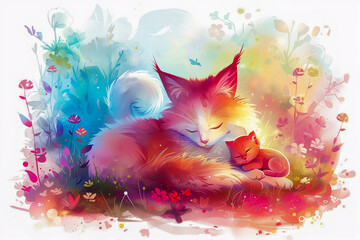 Cartoon colorful illustration of sweet cat mother with her baby cuddle isolated on white background, for children's book, mother's day, greeting card.