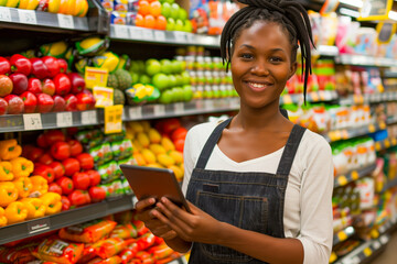 Cheerful female store owner using a digital tablet in her grocery, small business running concept, with copy space.