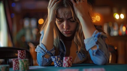 Fototapeta premium A stressed young woman clutches her head amid poker chips, reflecting the high stakes of gambling