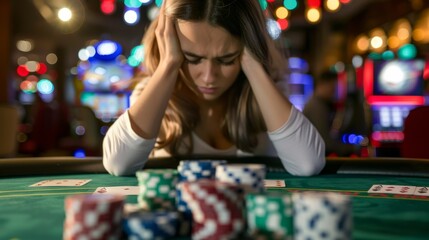 A woman appears troubled and stressed during a poker game in a casino setting, surrounded by chips and cards