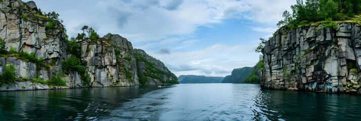A panoramic view of a narrow fjord with lush green vegetation on the slopes and a small boat gliding through the tranquil blue water