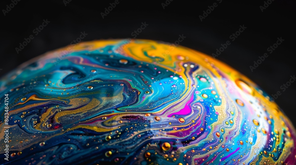 Poster macro photography of an exquisite soap bubble with striking colors swirled together on a black surfa