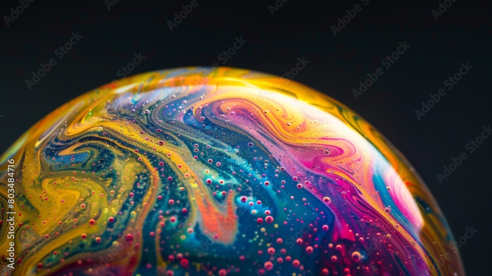 Poster a stunning close-up of a swirling soap bubble exhibiting a delightful spectrum of colors against a b