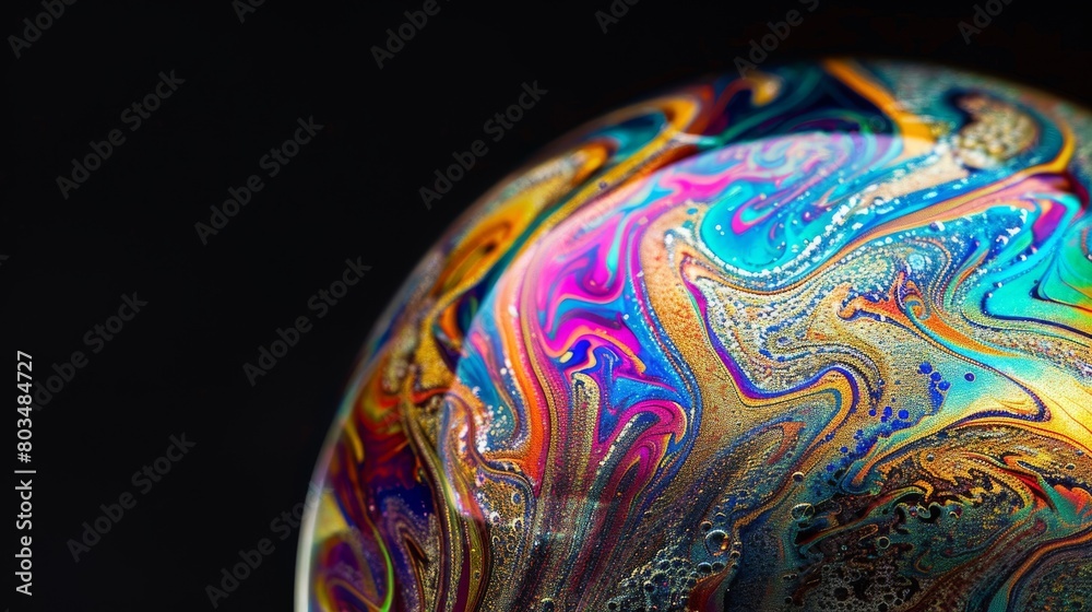 Aufkleber This image captures the intricate patterns and vibrant colors of a soap bubble against a dark background, highlighting the beauty of fluid dynamics