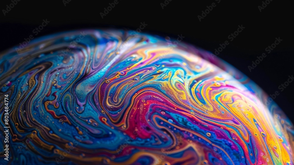 Poster A close-up shot that showcases the swirling, vivid colors, and unique patterns created by light reflecting on a soap bubble