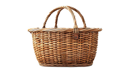 A woven wicker picnic basket with a handle on a transparent background. PNG format, This PNG file, with an isolated cutout object on a transparent background. 