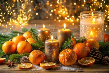 Obraz premium Banner, postcard Happy New Year 2025. Candles, tangerines, fir branches, Beautiful bokeh, glitter, sequins, Christmas balls. The concept of celebrating Christmas and New Year.