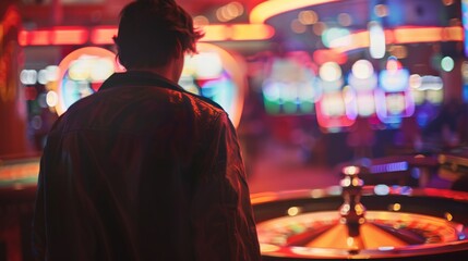 Obraz premium A rear view of a male in a leather jacket looking over a casino floor with neon lights offering an intensity of nightlife gambling
