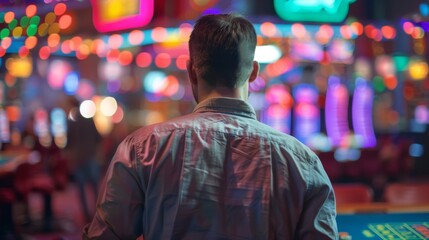 Fototapeta premium A solitary figure stands amidst the gambling machines of a casino, representing introspection and the gamble of life