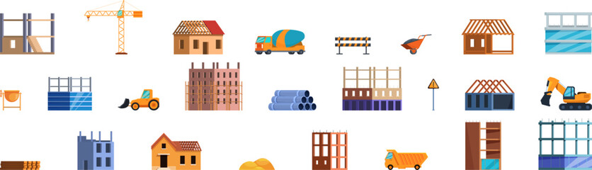 Unfinished house construction icons set cartoon vector. Stages level. Team worker