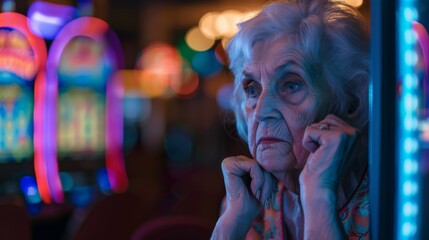 Obraz premium An elderly woman with a serious expression appears contemplative amid the colorful lights of a casino, conveying solitude and reflection