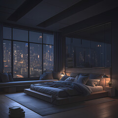 Elegant and Stylish Cityscape Bedroom with Overhead Illuminations