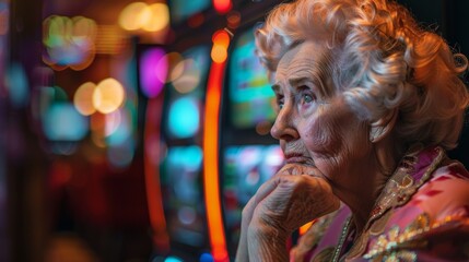 Obraz premium An elegant elderly lady captivated by the colorful slot machine in a lively casino setting