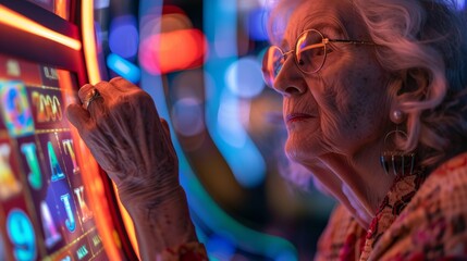 An absorbed elder woman with a hand on a slot machine, illuminated by the casino's bright lights