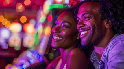 Two joyful individuals enjoy a night at the casino with bright lights behind