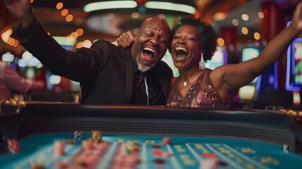 An exuberant couple celebrates a win at a casino table, their joy infectious amidst the glamorous and high-stakes casino atmosphere
