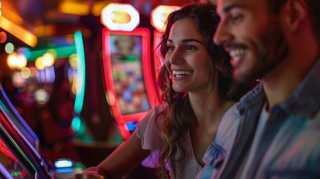 Image captures a cheerful man and woman engaged in playing colorful slot machines