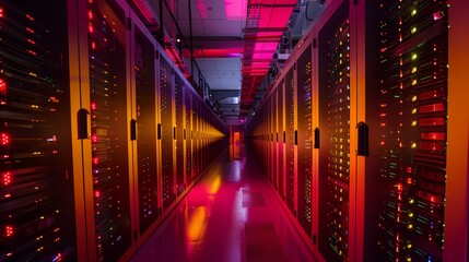 Fototapeta premium a long hallway with rows of red and yellow servers in it
