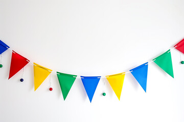 Fototapeta premium Cute, colorful, party garland with decorative festive flags. bright red green yellow blue colors; triangular shape, isolated on white, for party event wall decoration