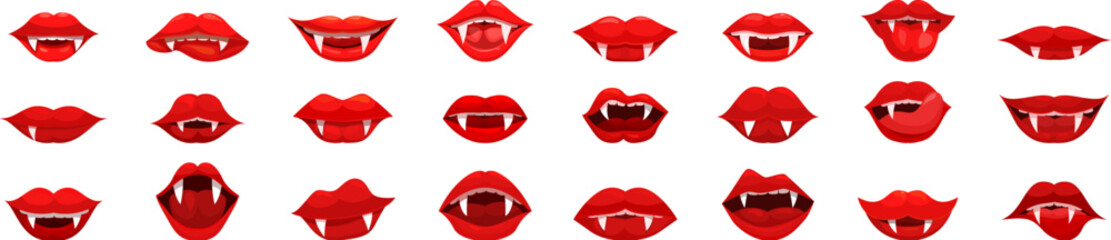 Vampire mouth icons set cartoon vector. Woman lips. Open saliva