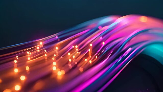 This high-resolution photograph showcases a colorful object up close, set against a stark black background, Stylized, minimal representation of fiber optic cables