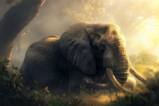 An elder elephant in a contemplative pose, emphasizing the wisdom and intelligence attributed to these animals - Generative AI