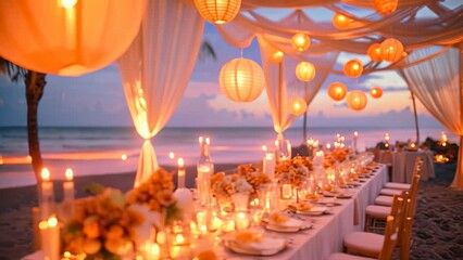 A long table with an elegant setup for a dinner event on the beach, featuring place settings, chairs, and decorative lighting, Summer beach themed wedding