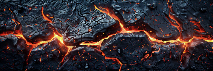 Hot lava texture on a black stone background, banner for design
