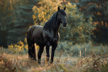 An image showcasing a powerful black stallion standing majestically in a wild, natural setting, emphasizing its strength and freedom - Generative AI