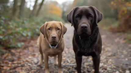 
2 Labrador retrievers. Standing on a gravel. Trees and bushes are in the background.