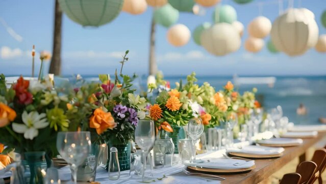 A formal dining setup featuring a lengthy table adorned with various plates and vases, ready for a sophisticated event or gathering, Summer beach themed wedding