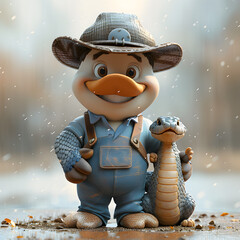 An animated 3D cartoon depicting a protective platypus shielding a farmer from snakes.