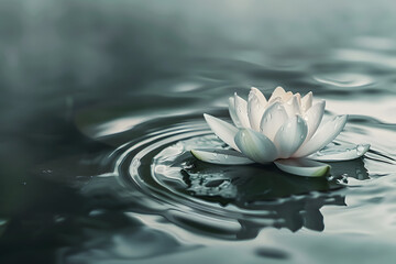 
A serene and minimalist scene capturing a single lotus flower floating gracefully on the surface of tranquil, still water. The scene exudes a sense of peace and meditation, with the gentle ripples ar - obrazy, fototapety, plakaty