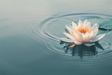 
A serene and minimalist scene capturing a single lotus flower floating gracefully on the surface of tranquil, still water. The scene exudes a sense of peace and meditation, with the gentle ripples ar