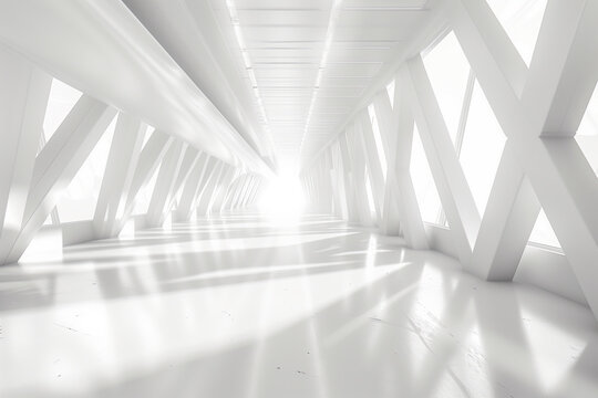 Empty Long Light Corridor. Modern white background. Futuristic Sci-Fi Triangle Tunnel. Minimal technology style scene, abstract leading lights white backgrounds