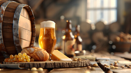 
Beer's in oak beer barrel and brie de meux, epoisse, comte background with copy space for text,...