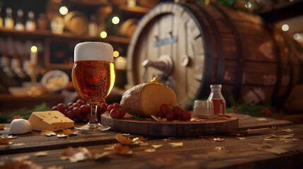 
Beer's in oak beer barrel and brie de meux, epoisse, comte background with copy space for text,...