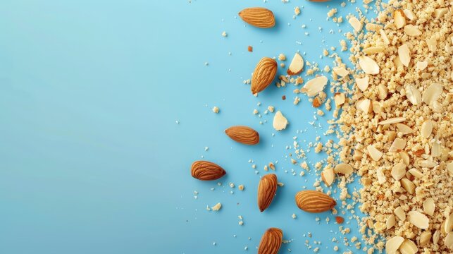 Almond bliss - whole and crushed nuts on blue background