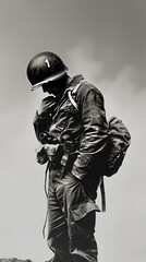 
lone WWII soldier standing with head tilted down, hand touching helmet, world war two soldier, black and white photograph, full view of body, korean war
