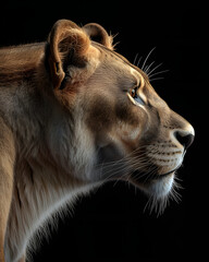 lioness profile portrait on black background, highly detailed, render, 8k
