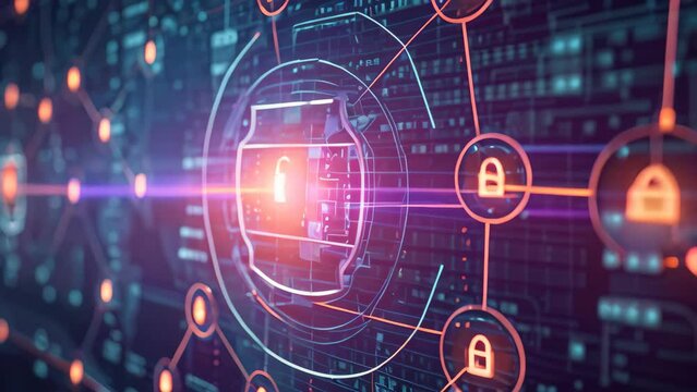 A close-up photo of a computer screen displaying a padlock icon, indicating a secure connection, Symbols of mixed cyber threats against a secure gateway