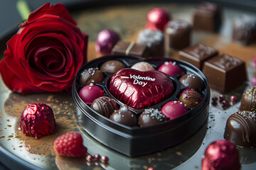 Red Heart shaped box of chocolate for Valentine's Day. Pure and red chocolats. Box stands on a...