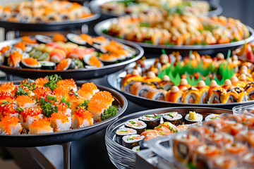 Obraz premium Food - Japanese Assorted Sushi and Sashimi displayed in catering area, Japanese style sushi buffet, sushi bar background.