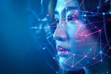 Fototapeta premium Futuristic and technological scanning of the face of a beautiful woman for facial recognition and scanning to ensure personal safety.