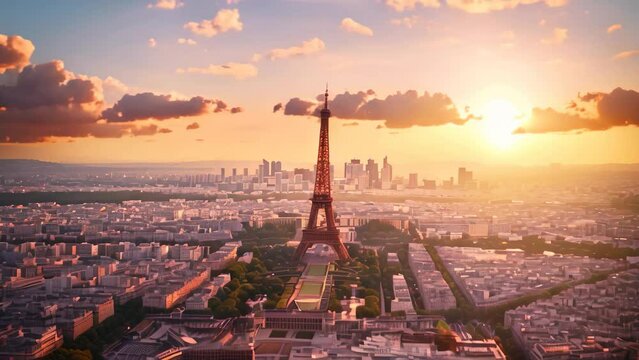 The Eiffel Tower Towering Over the City of Paris, The Eiffel Tower peeking out from the Paris cityscape, from a bird's eye view