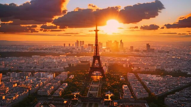The Eiffel Tower Dominating the Skyline of Paris, The Eiffel Tower peeking out from the Paris cityscape, from a bird's eye view
